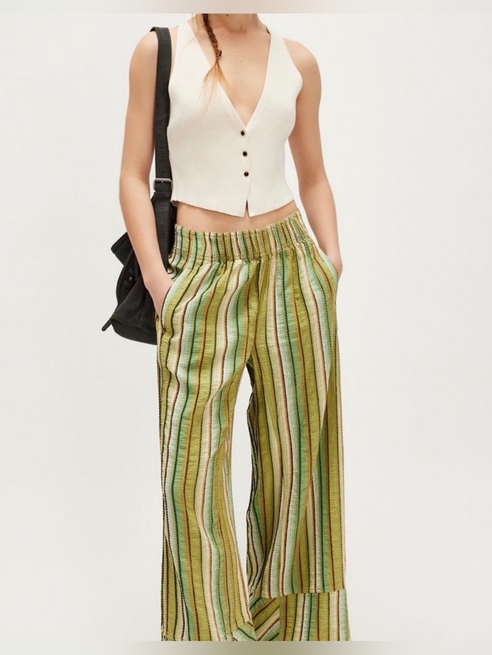 Free People Striped Wide Leg Pants in Green and Cream